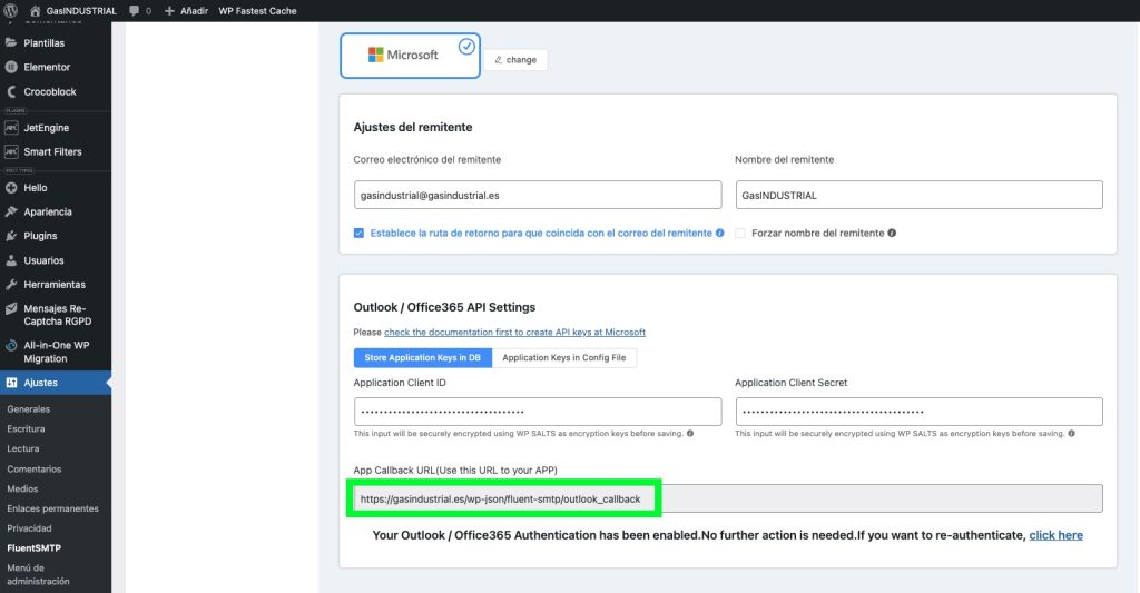 Callback url de FluentSMTP