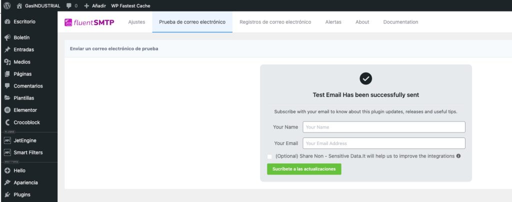 Prueba superada en FluentSMTP