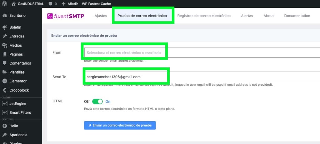 FluentSMTP comprobar conexión