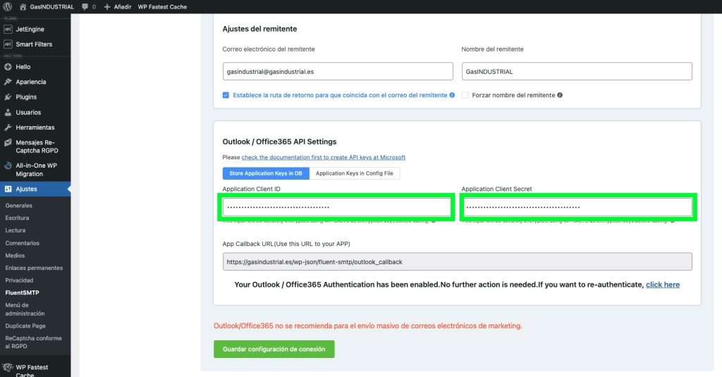 Configuración del plugin FluentSMTP de WordPress