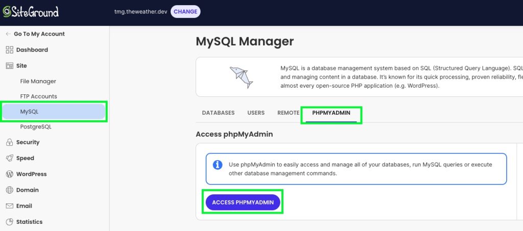 phpMyAdmin en SiteGround