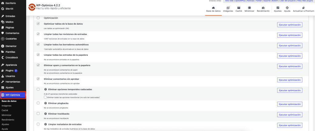 Mejoras en la base de datos que sugiere el plugin WP Optimize