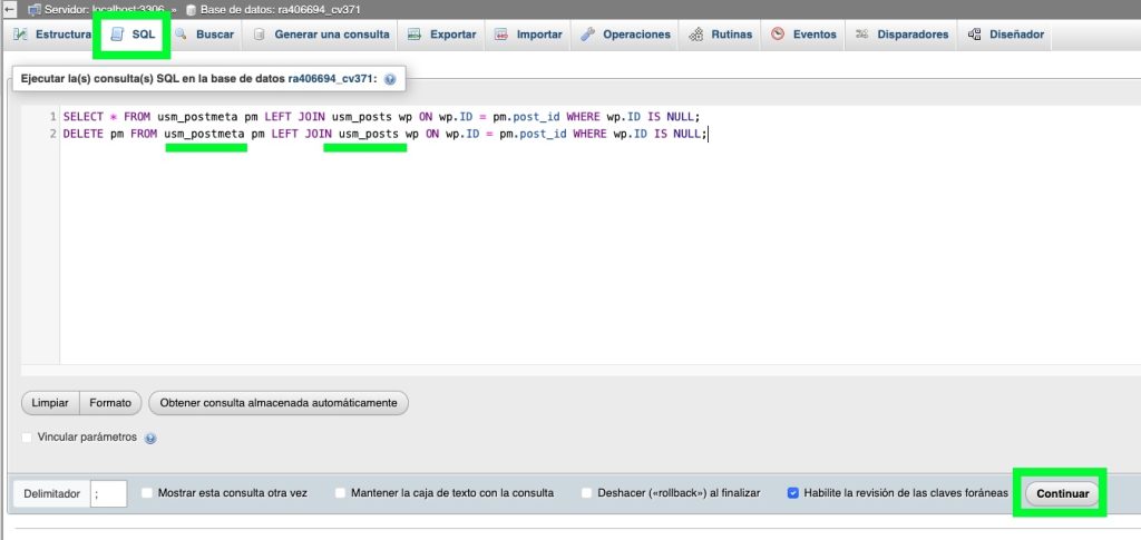 Ejecutar comandos en SQL de la base de datos