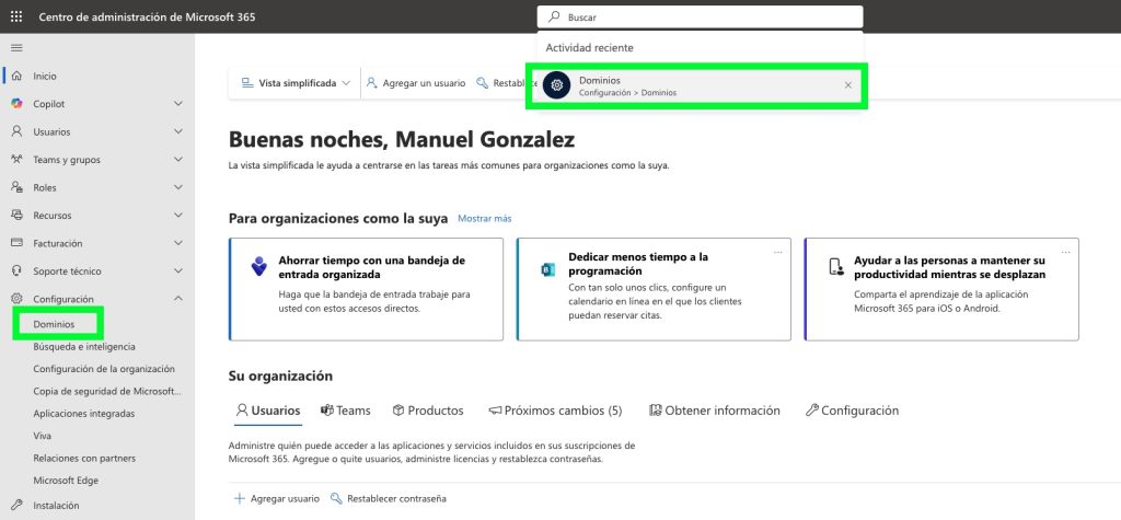 Panel de administración de Microsoft 365