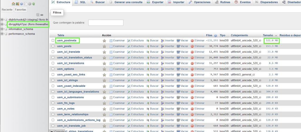 Tablas de la database en phpMyAdmin