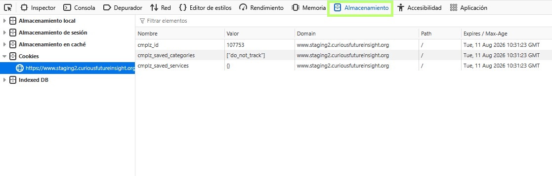 Comprobar almacenamiento de cookies en Mozilla